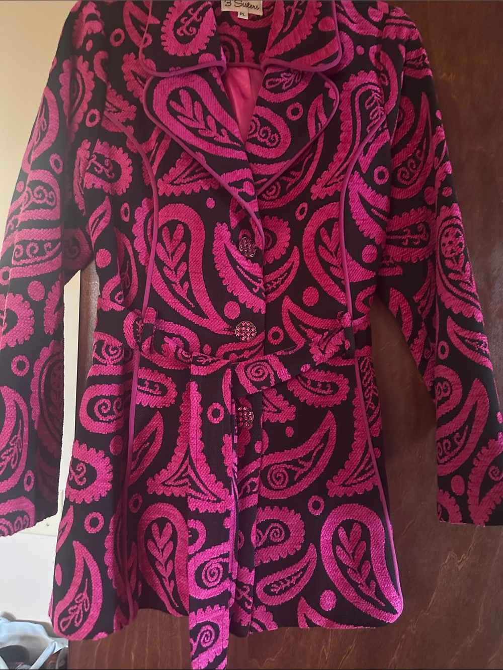 3 Sisters Hot Pink and Black Paisley Belted Blazer NWOT